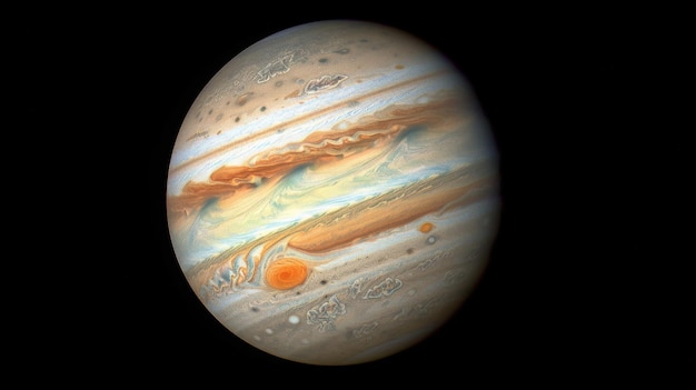 A closeup of Jupiter with Great Red Spot and swirling cloud bands