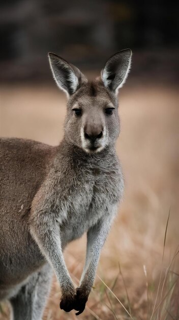 Closeup of a kangaroo in a dry grassy field with a blurred background