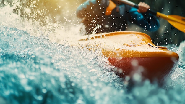 A closeup of a kayak cutting through the water creating a spray of white water The