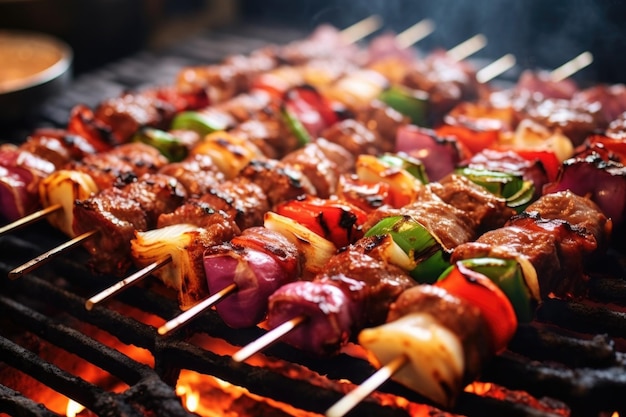 Closeup of kebabs being basted with sauce on grill created with generative ai