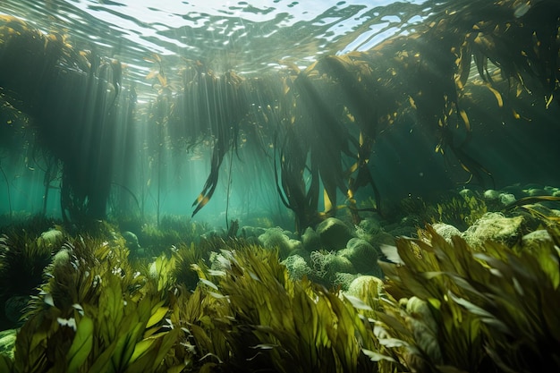 Closeup of kelp forest with swaying fronds and underwater plants created with generative ai