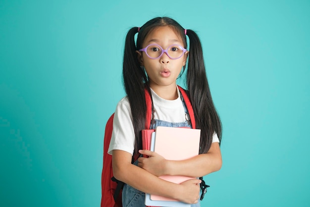 Closeup kid schoolgirl wearing glasses she nice cute attractive cheerful amazed