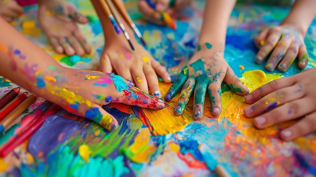 CloseUp of Kids Hands Covered in Colorful Paint During an Art Class Filled with Brushes