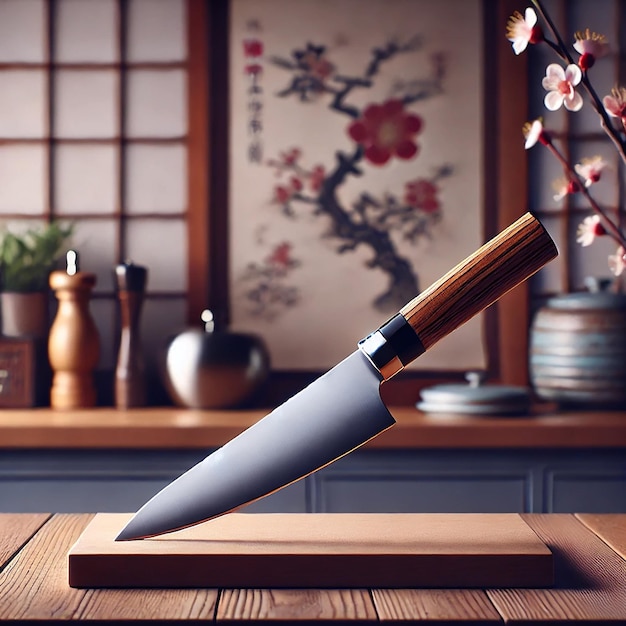 A closeup of a kitchen table with a traditional Japanese background