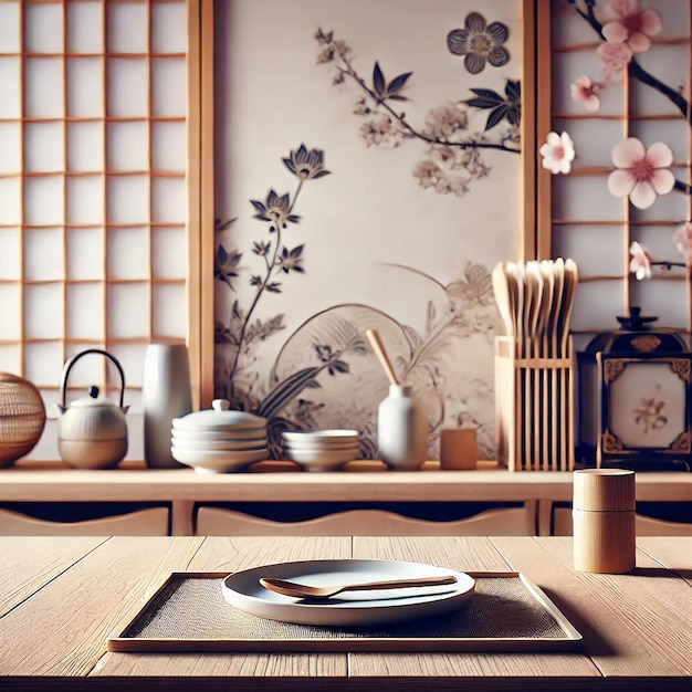 A closeup of a kitchen table with a traditional Japanese background