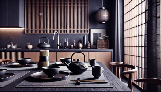 A closeup of a kitchen table with a traditional Japanese background