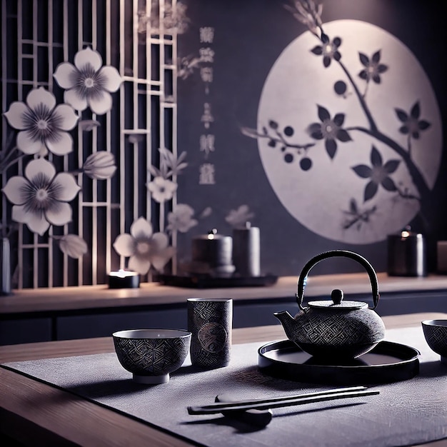 A closeup of a kitchen table with a traditional Japanese background