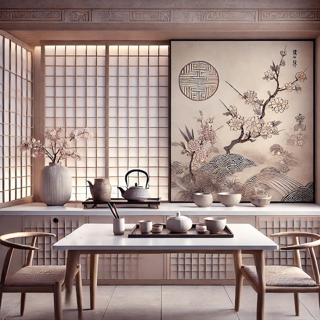 A closeup of a kitchen table with a traditional Japanese background