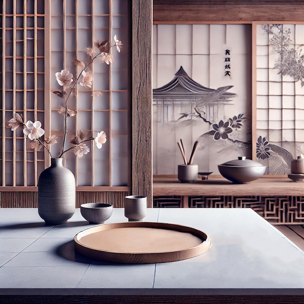 A closeup of a kitchen table with a traditional Japanese background