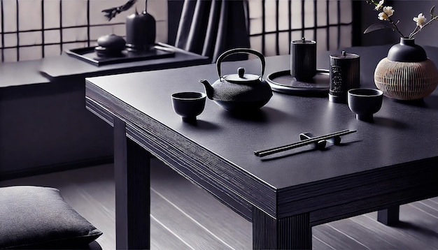 A closeup of a kitchen table with a traditional Japanese background