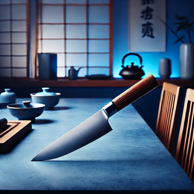 A closeup of a kitchen table with a traditional Japanese background