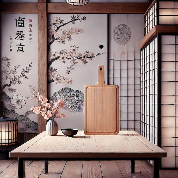 A closeup of a kitchen table with a traditional Japanese background