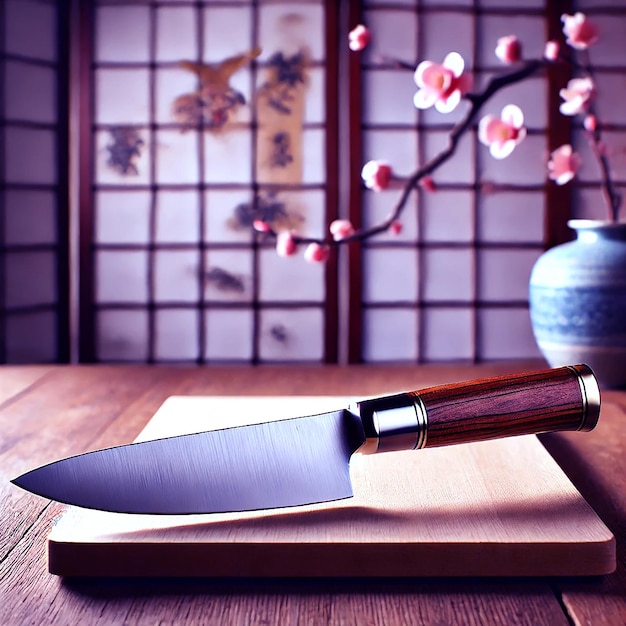 A closeup of a kitchen table with a traditional Japanese background