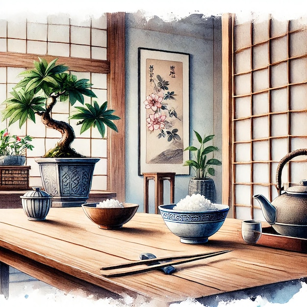 A closeup of a kitchen table with a traditional Japanese background