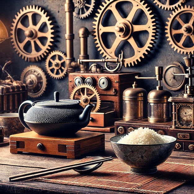 A closeup of a kitchen table with a traditional Japanese background