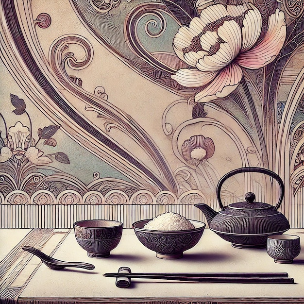 A closeup of a kitchen table with a traditional Japanese background