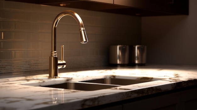 Closeup of a kitchen water faucet with a sink on a marble finished countertop modern kitchen interio