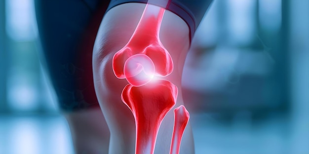 Closeup of knee with red hologram bone chart overlay Concept Medical Imaging Anatomy Hologram Technology Healthcare Visualization