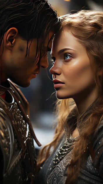 A closeup of the knight and maiden's faces Ceated with Generative AI