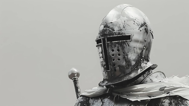 Photo closeup of a knights helmet with a tattered cape