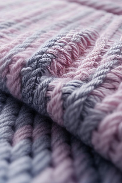 Closeup of a knitted multicolored lilac pink plaid made of yarn Handmade work