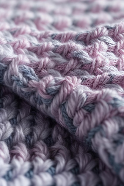 Closeup of a knitted multicolored lilac pink plaid made of yarn Handmade work