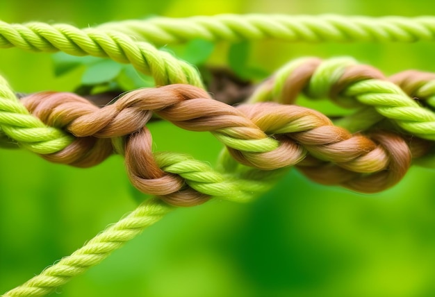 Photo a closeup of knotted ropes against a green background