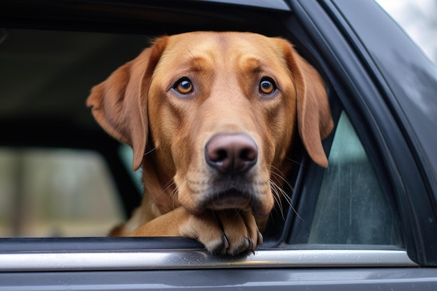 Closeup of a labrador retrievers face sticking out from an suv window