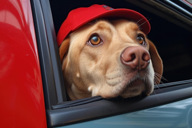 Closeup of a labrador with its head out of a red pickup truck window