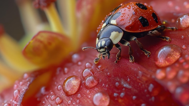 Photo a closeup of a ladybug on a flower petal adorned with water droplets