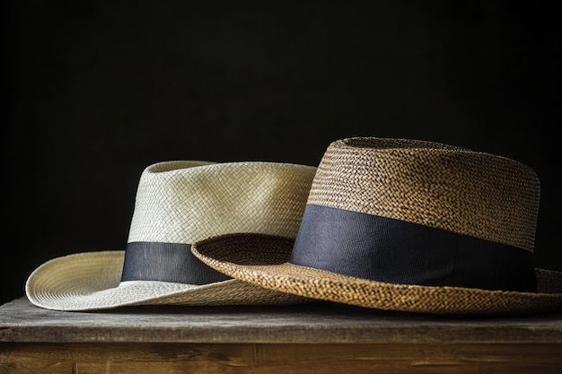 Photo closeup of ladys boater and gentlemans panama hat on table