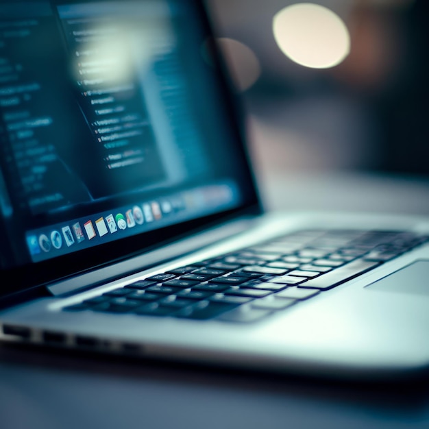 Photo closeup of a laptop keyboard with the screen displaying code