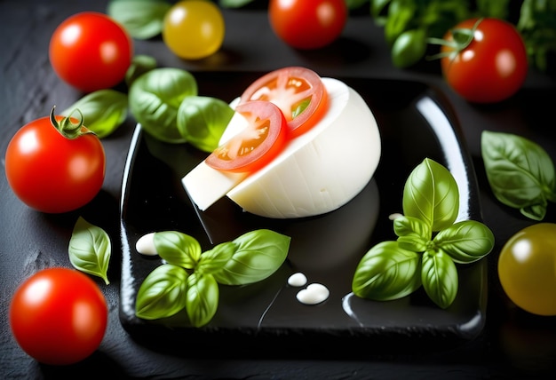 Photo a closeup of a large ball of italian mozzarella cheese with a tomato and basil on a plate