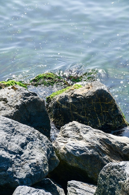 Closeup of large coastal cliffs and calm sea