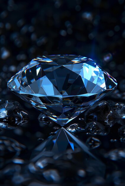 Photo closeup of a large diamond with blue light reflecting on dark background