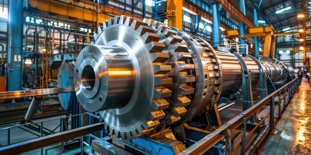 Closeup of large gear machinery in a brightly lit industrial factory emphasizing mechanical precision and engineering