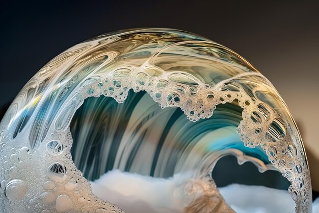 Photo closeup of a large soap bubble with a swirl pattern and small bubbles