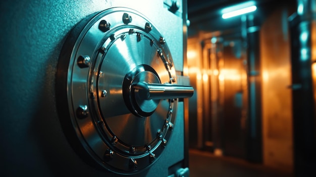 Photo closeup of a large steel vault door handle