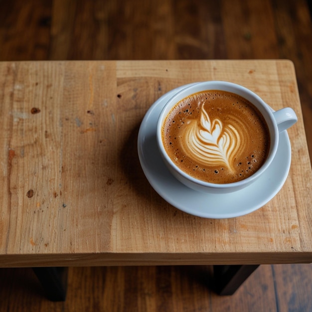 Closeup latte art coffee in white cup with smartphone and notebook on black table