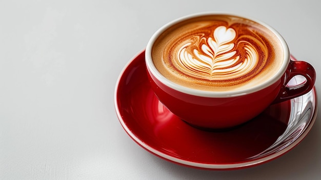 CloseUp Latte Coffee with Latte Art in Red Ceramic Cup on White Background