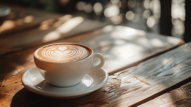 Closeup of a latte with latte art on a wooden table