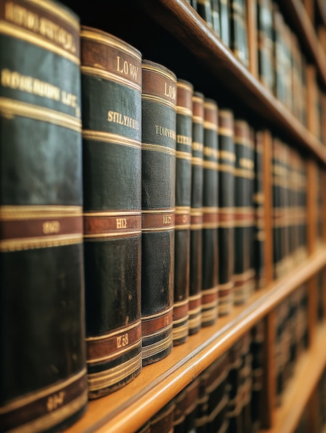 Photo closeup of law books stacked on a shelf