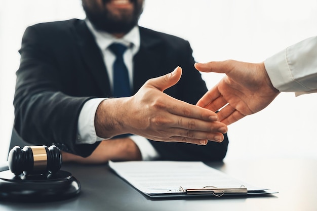 Closeup lawyer colleagues or legal team handshake Equilibrium