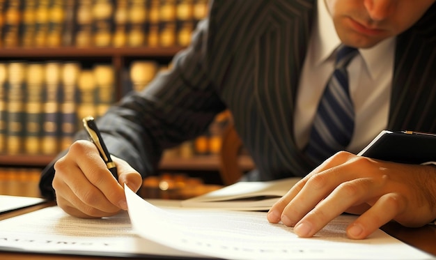 Photo closeup of a lawyer reviewing legal contracts