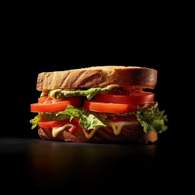 Photo a closeup of a layered sandwich featuring tomatoes lettuce and mayonnaise on toasted bread