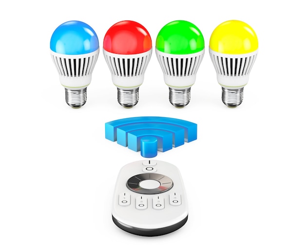 Photo closeup led bulbs with remote controller and wifi sign on a white background