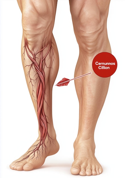 Photo a closeup of a leg with varicose veins showing an arrow pointing to it from above and on its right