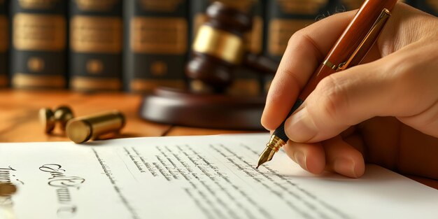 Photo closeup of a legal contract being signed by a hand holding a pen with law books and a gavel in the background