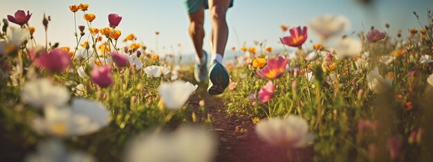 closeup of the legs of a male athlete running across a field of flowers