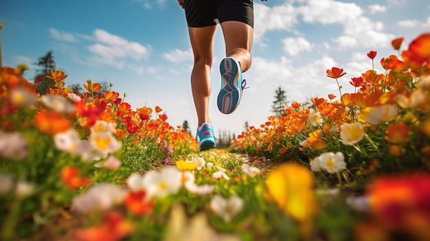 closeup of the legs of a male athlete running across a field of flowers